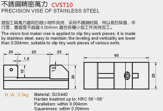 不銹鋼精密萬力 CVST 10 PRECISION VISE OF STAINLESS STEEL 剖面圖 規格