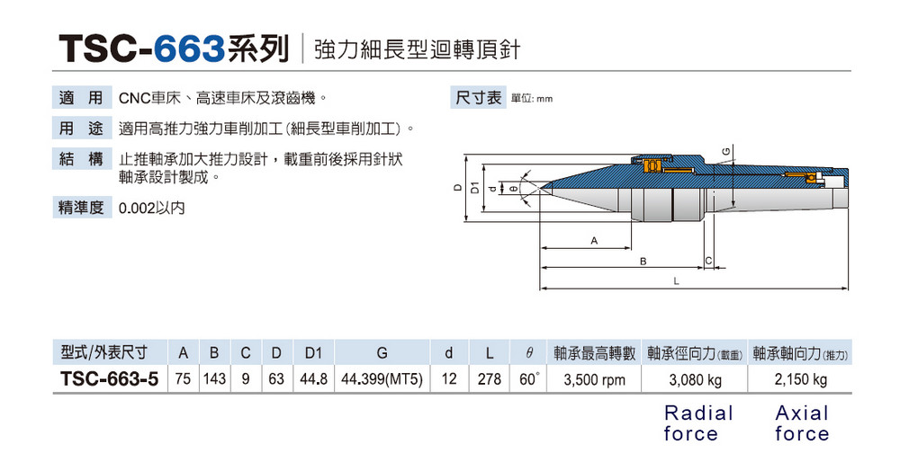 TSC-663強力細長型迴轉頂針 High strength Long type Live center