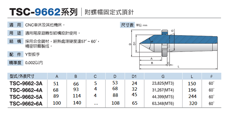 TSC-9662 附螺帽固定式頂針 Fixed type with Nut Live center TSC-9662 附螺帽固定式頂針 Fixed type with Nut Live center